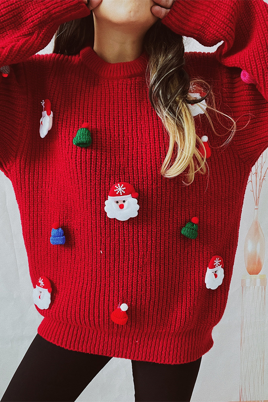 Heidi-Mode | Lässiger Weihnachtsmann Weihnachtsbaum Patchwork Weben O-Ausschnitt Pullover