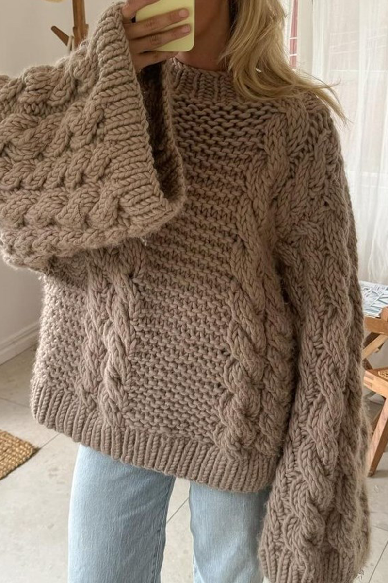 Heidi-Mode | Lässiger einfarbiger Gewebe O-Hals Pullover - 3 Farben