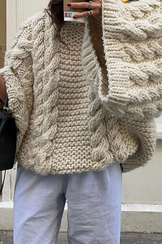 Heidi-Mode | Lässiger einfarbiger Gewebe O-Hals Pullover - 3 Farben