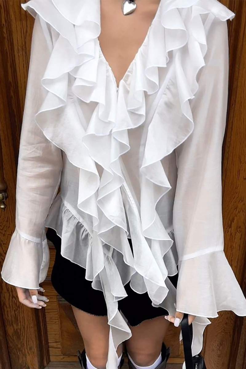 Heidi-Mode | Elegante Einfarbige Durchsichtige Rüschenausschnitt Lotusblattkragen Tops