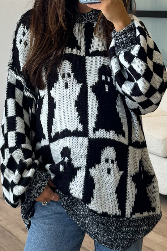 Heidi-Mode | Lässiger Karosatin-Kontrast O-Ausschnitt Pullover