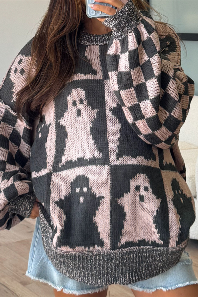 Heidi-Mode | Lässiger Karosatin-Kontrast O-Ausschnitt Pullover