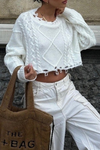Heidi-Mode | Casua Ripped Weave O-Ausschnitt Pullover