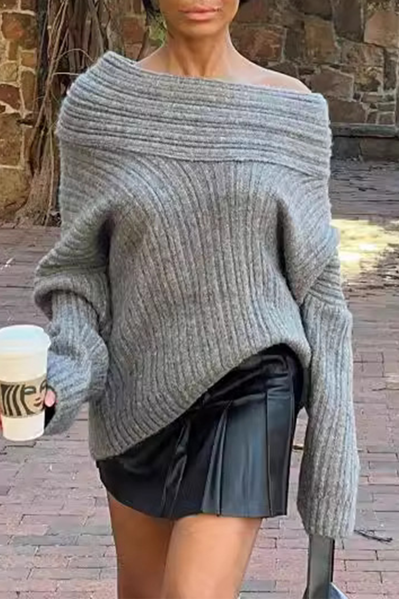 Heidi-Mode | Solide Farbe Unregelmäßige Potholes Off Shoulder Sweater - 5 Farben