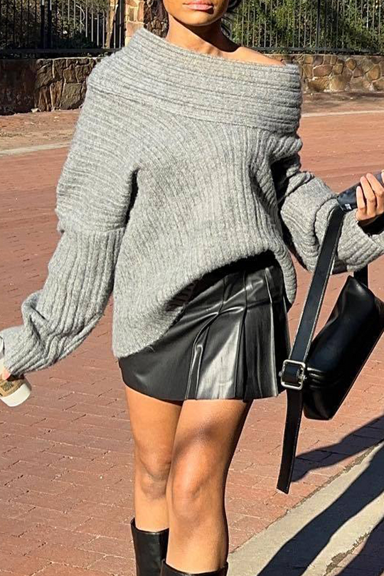 Heidi-Mode | Solide Farbe Unregelmäßige Potholes Off Shoulder Sweater - 5 Farben