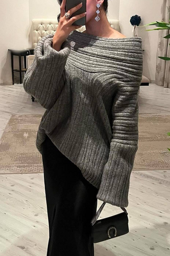 Heidi-Mode | Solide Farbe Unregelmäßige Potholes Off Shoulder Sweater - 5 Farben