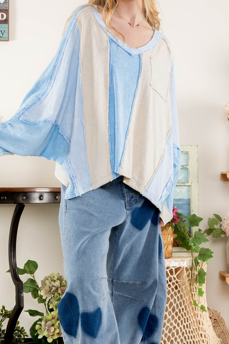Heidi-Mode | Lässige Streifen Patchwork Kontrast V-Ausschnitt Tops