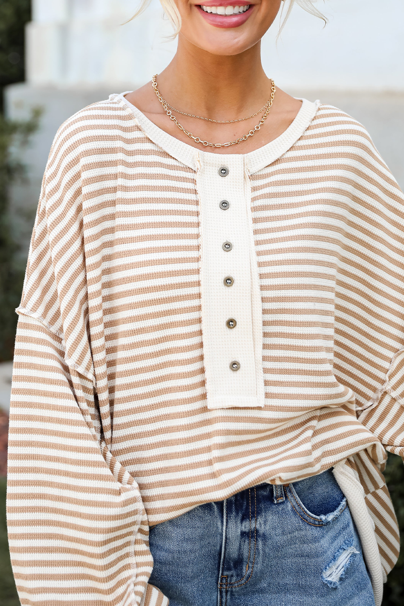 Heidi-Mode | Lässige Streifen Schnalle Patchwork Kontrast O-Ausschnitt Tops