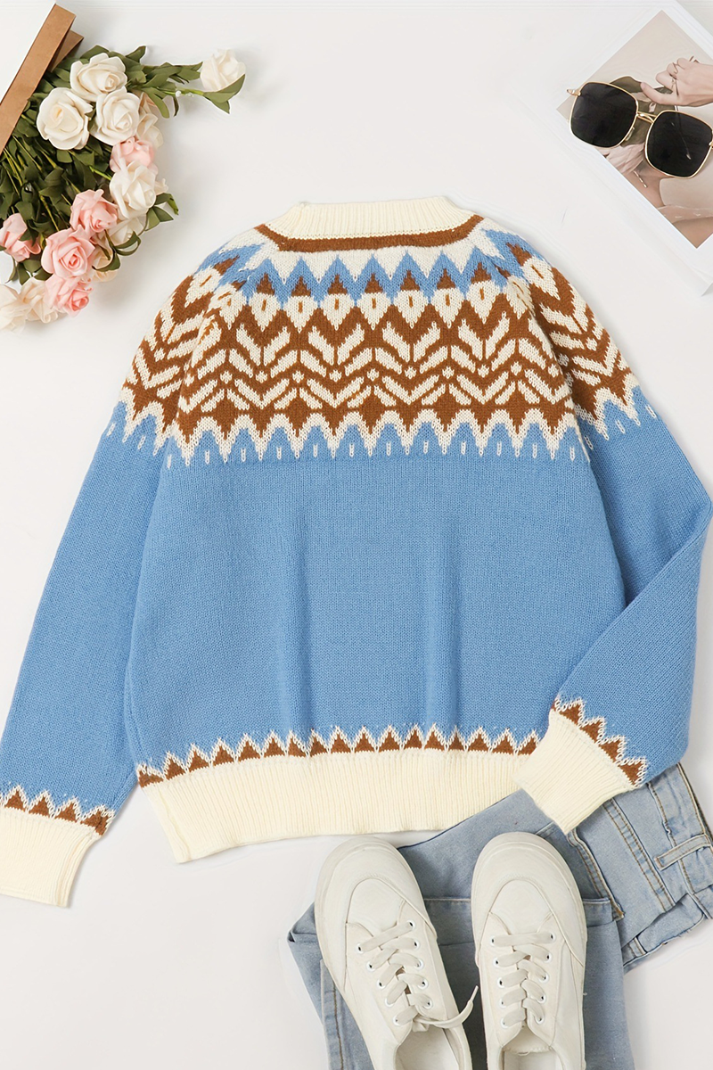 Heidi-Mode | Lässiger National Totem-Webkontrast O-Ausschnitt Pullover