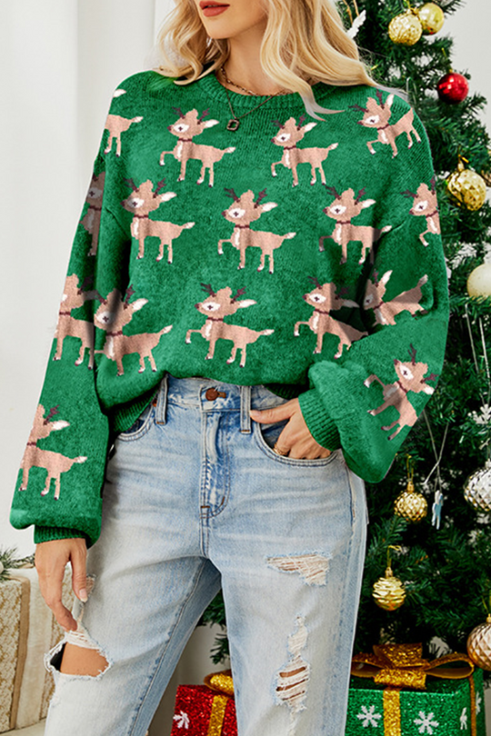 Heidi-Mode | Casual Wapiti Jacquard Kontrast O-Ausschnitt Pullover - 4 Farben