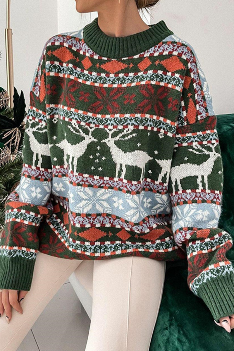 Heidi-Mode | Lässiger Wapiti Schneeflocken Webkontrast O-Ausschnitt Pullover - 3 Farben