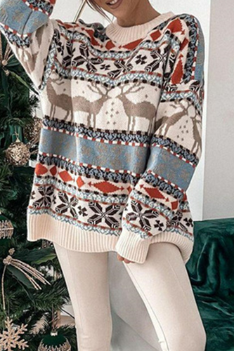 Heidi-Mode | Lässiger Wapiti Schneeflocken Webkontrast O-Ausschnitt Pullover - 3 Farben