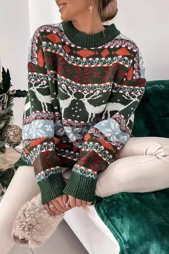 Heidi-Mode | Lässiger Wapiti Schneeflocken Webkontrast O-Ausschnitt Pullover - 3 Farben