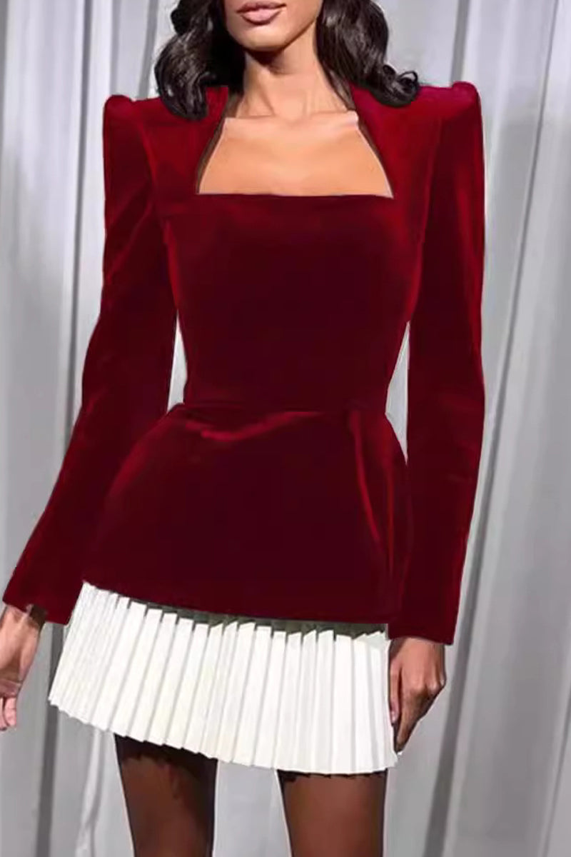 Heidi-Mode | Elegante Plissierte Samt Quadrat-Ausschnitt Plissierte Kleider