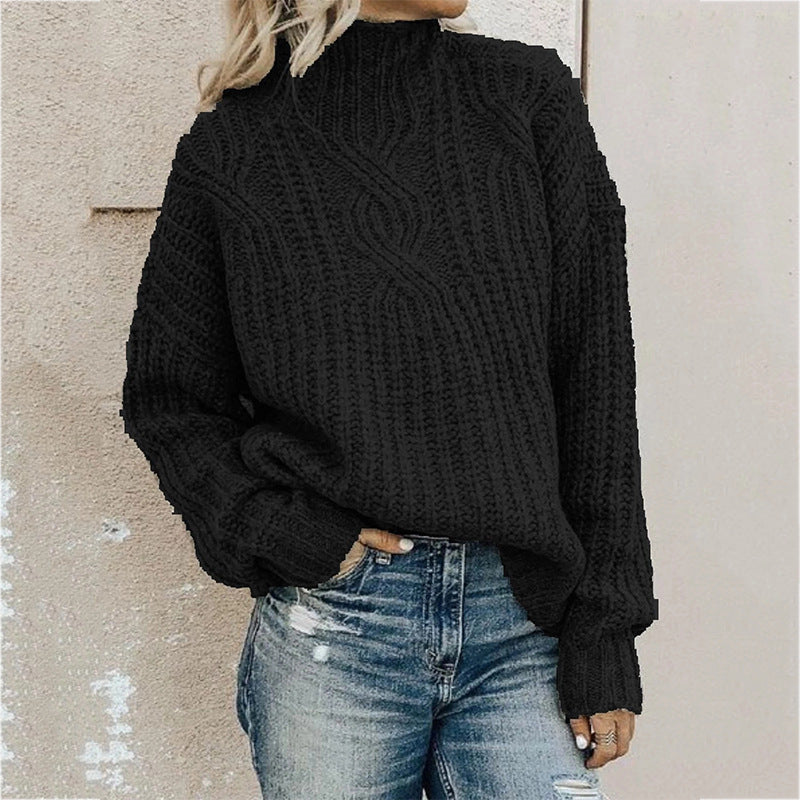 Damen Grober Strickpullover mit hohem Kragen und Zopfmuster Heidi-Mode