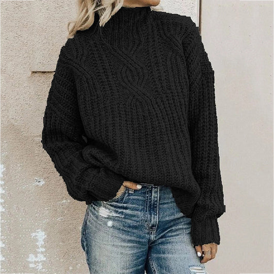 Damen Grober Strickpullover mit hohem Kragen und Zopfmuster Heidi-Mode