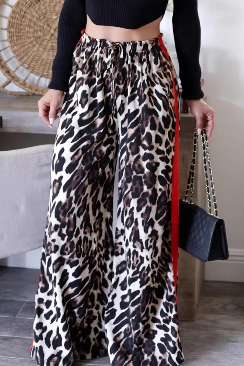 Heidi-Mode | Lässige Tägliche Streifen Leopard Patchwork Lockere Hohe Taille Weite Bein Volldruck Hosen