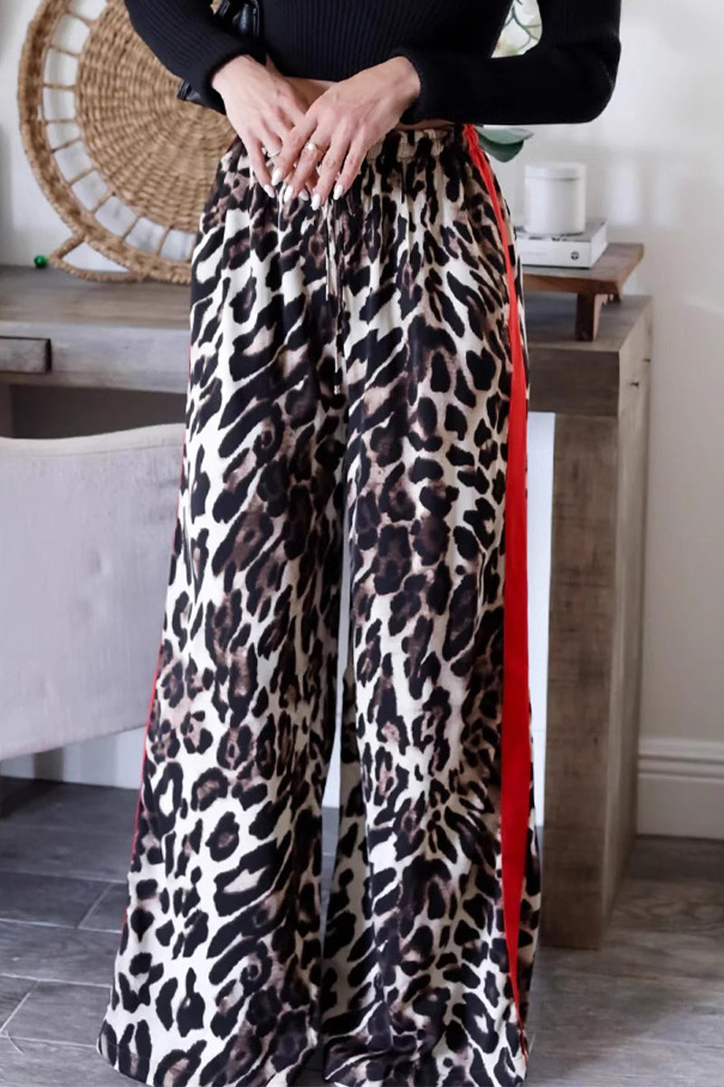 Heidi-Mode | Lässige Tägliche Streifen Leopard Patchwork Lockere Hohe Taille Weite Bein Volldruck Hosen
