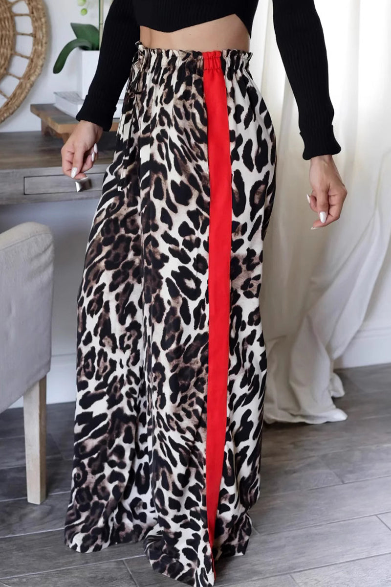 Heidi-Mode | Lässige Tägliche Streifen Leopard Patchwork Lockere Hohe Taille Weite Bein Volldruck Hosen