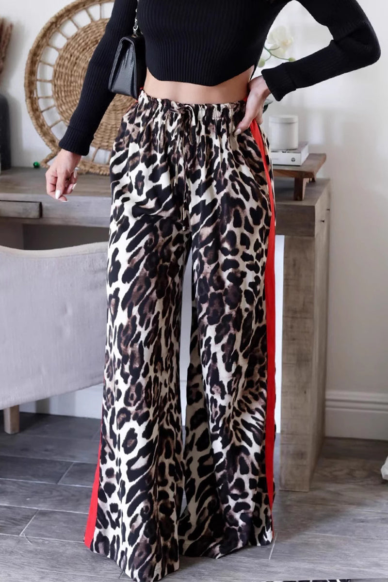 Heidi-Mode | Lässige Tägliche Streifen Leopard Patchwork Lockere Hohe Taille Weite Bein Volldruck Hosen