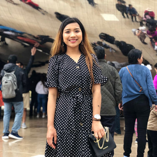 Damen Polka-Dots Kleid mit Schritt-für-Schritt Knopfverschluss und taillierendem Gürtel Heidi-Mode