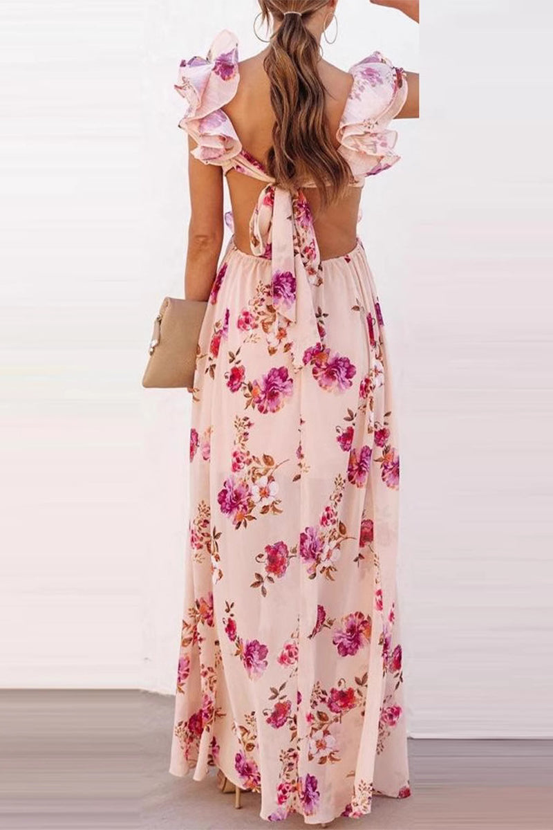 Heidi-Mode | Sexy Urlaub Floral Print Schnürung Ketten Rüsche V-Ausschnitt Lange Kleider