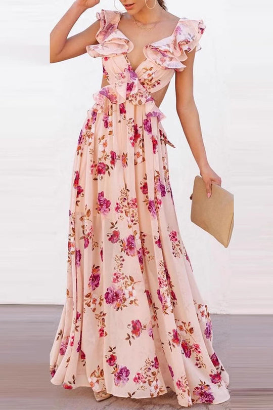 Heidi-Mode | Sexy Urlaub Floral Print Schnürung Ketten Rüsche V-Ausschnitt Lange Kleider