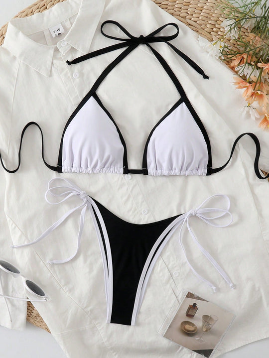 Heidi-Mode | Triangel-Bikini In Marineblau mit Kontrastband Minimalistisches 2-Teiliges Set Zum Schnüren