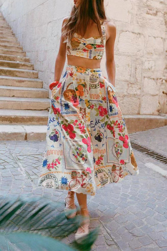 Heidi-Mode | Elegantes zweiteiliges Set mit Floralprint, Taschen, Rüschen und Quadratausschnitt