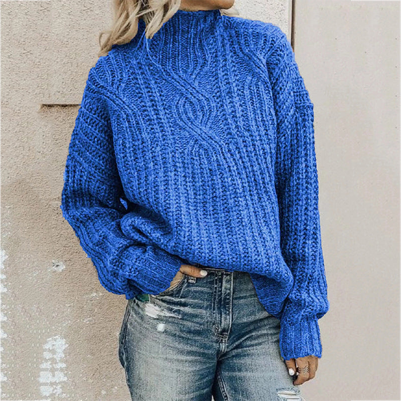Damen Grober Strickpullover mit hohem Kragen und Zopfmuster Heidi-Mode