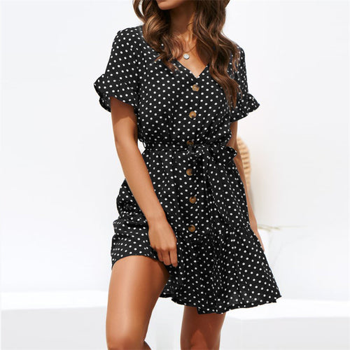 Damen Polka-Dots Kleid mit Schritt-für-Schritt Knopfverschluss und taillierendem Gürtel Heidi-Mode