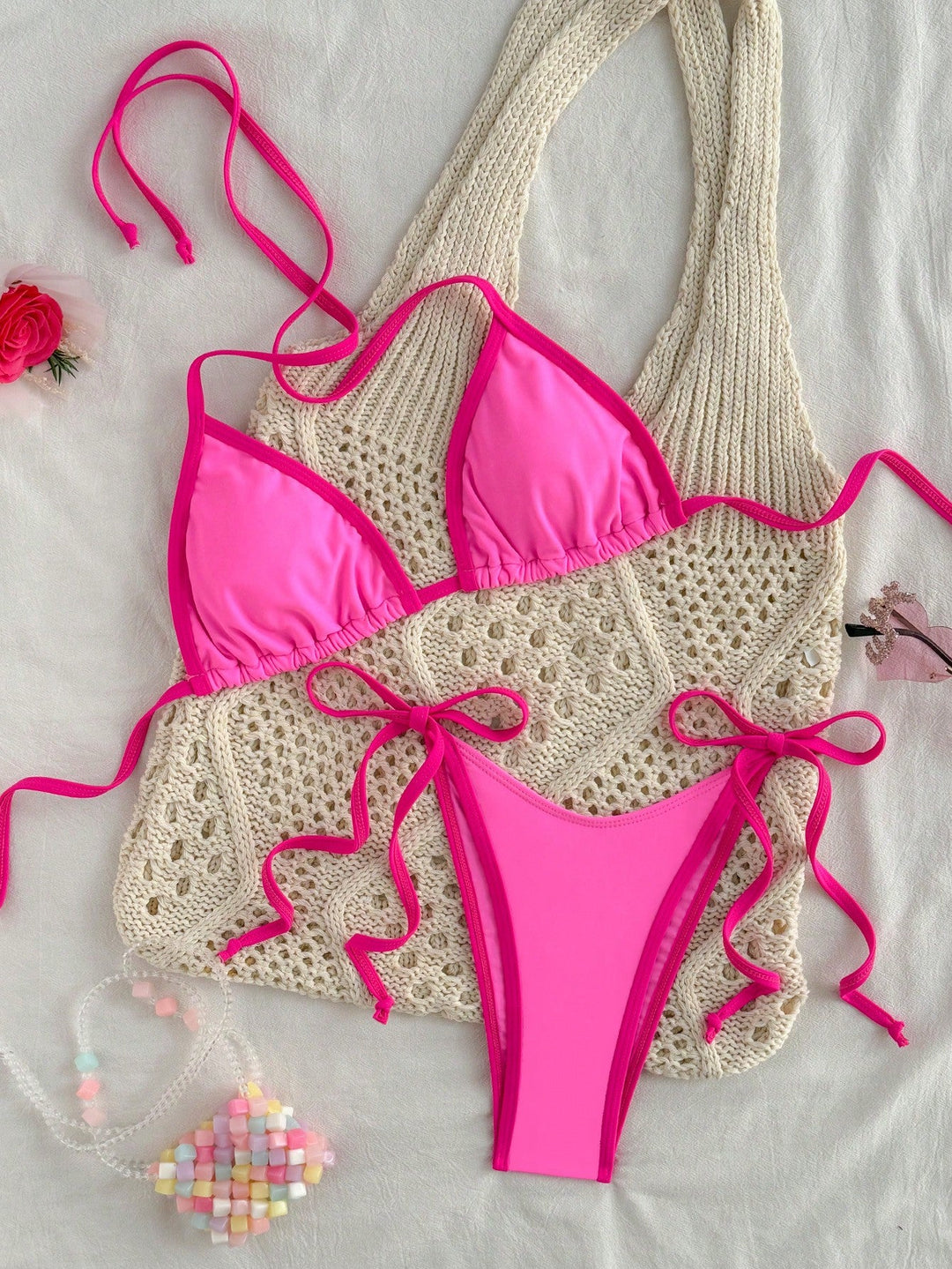 Heidi-Mode | Triangel-Bikini In Marineblau mit Kontrastband Minimalistisches 2-Teiliges Set Zum Schnüren