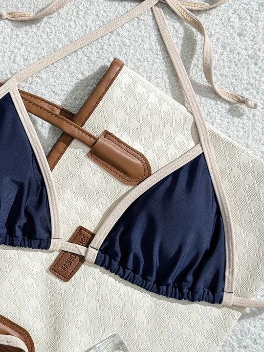 Heidi-Mode | Triangel-Bikini In Marineblau mit Kontrastband Minimalistisches 2-Teiliges Set Zum Schnüren