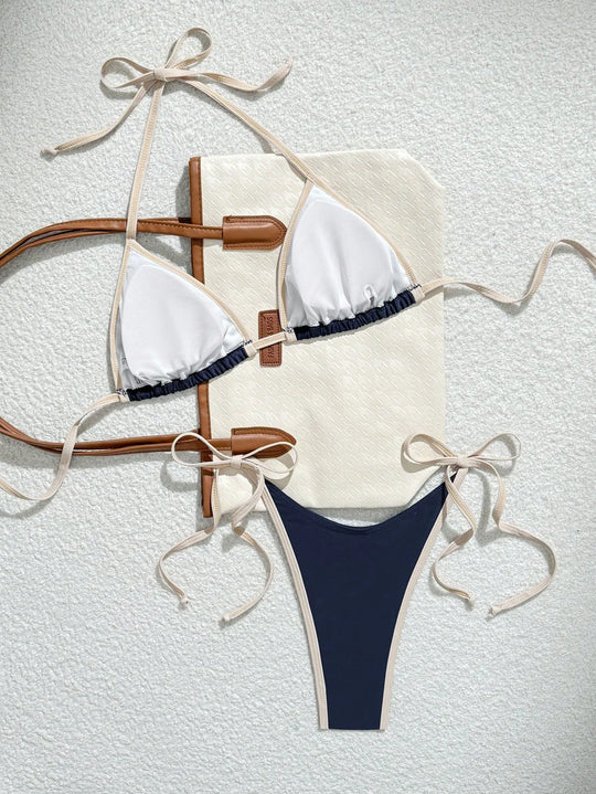Heidi-Mode | Triangel-Bikini In Marineblau mit Kontrastband Minimalistisches 2-Teiliges Set Zum Schnüren
