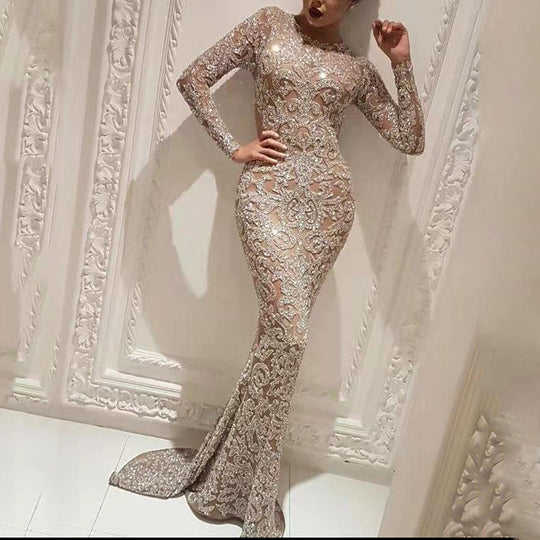Chic Damen Bronzing Langärmelig Slim Fit Kleid