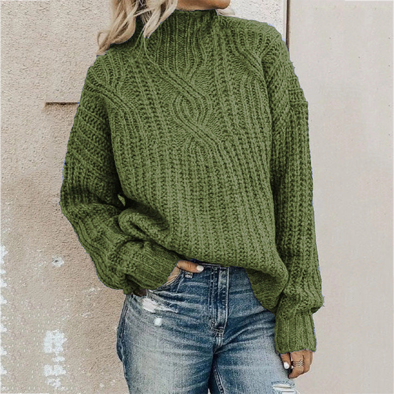 Damen Grober Strickpullover mit hohem Kragen und Zopfmuster Heidi-Mode