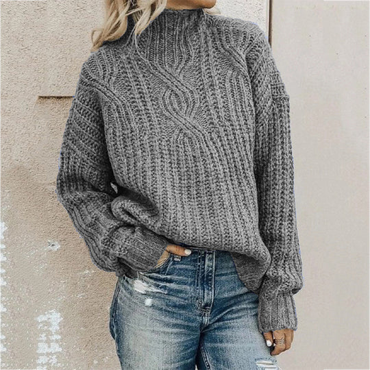 Damen Grober Strickpullover mit hohem Kragen und Zopfmuster Heidi-Mode