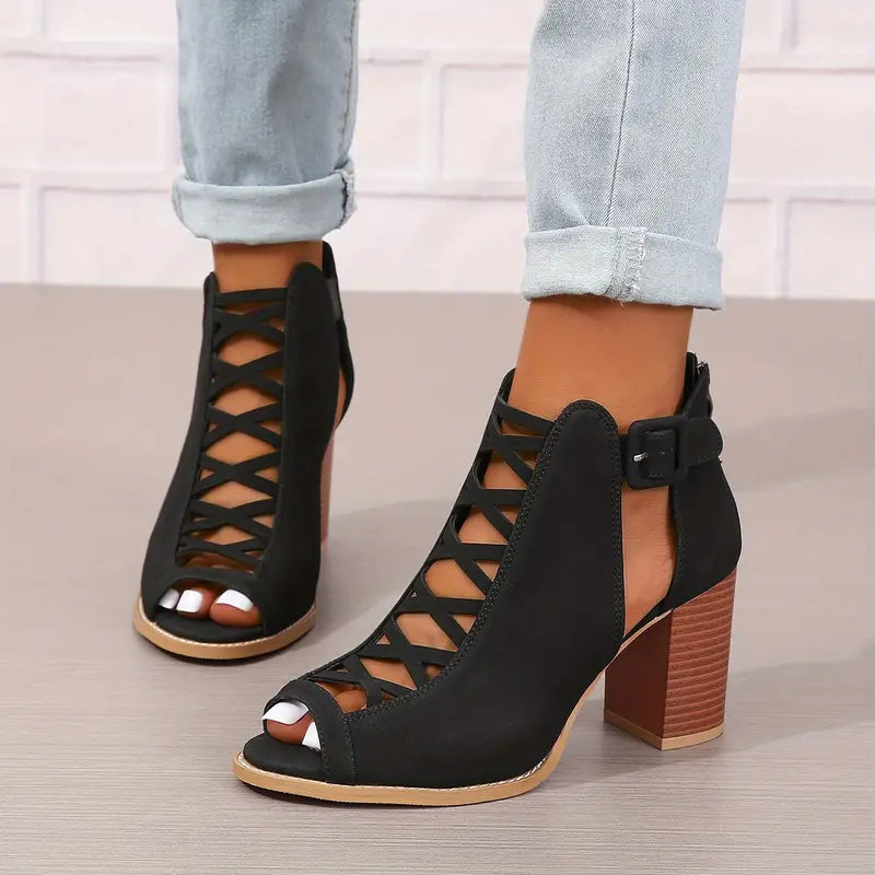 Heidi-Mode | Wunderschöne Peep Toe Sandalen Vintage Stil mit Dickem Absatz