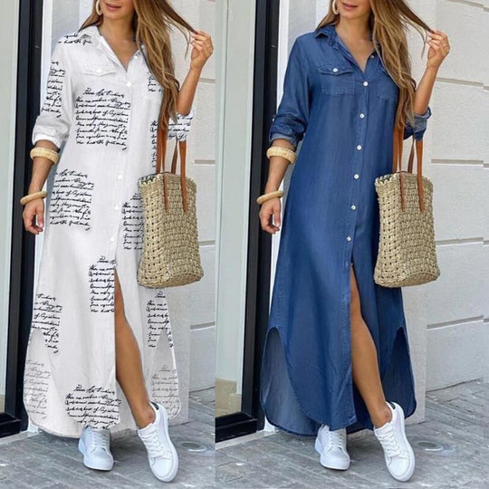 Damen Langarmhemdkleid mit elegantem Charme und reichhaltigem Grafikdruck Heidi-Mode