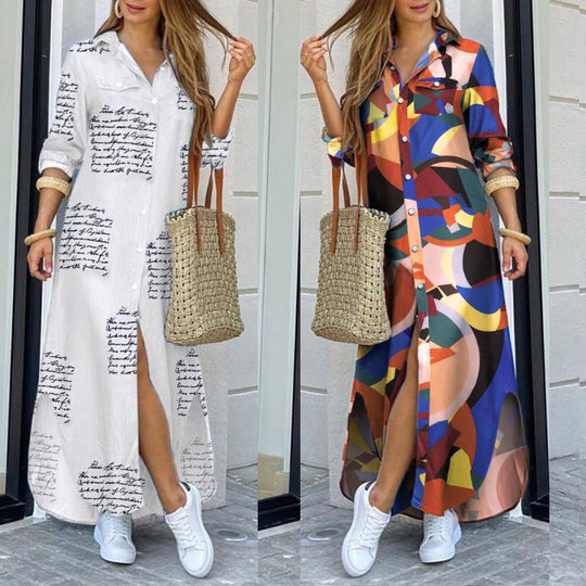 Damen Langarmhemdkleid mit elegantem Charme und reichhaltigem Grafikdruck Heidi-Mode