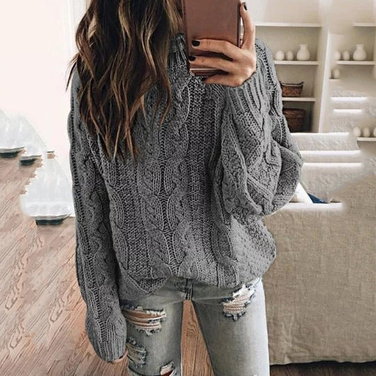 Damen lässiger Grobstrickpullover mit romantischem Zopfmuster Heidi-Mode