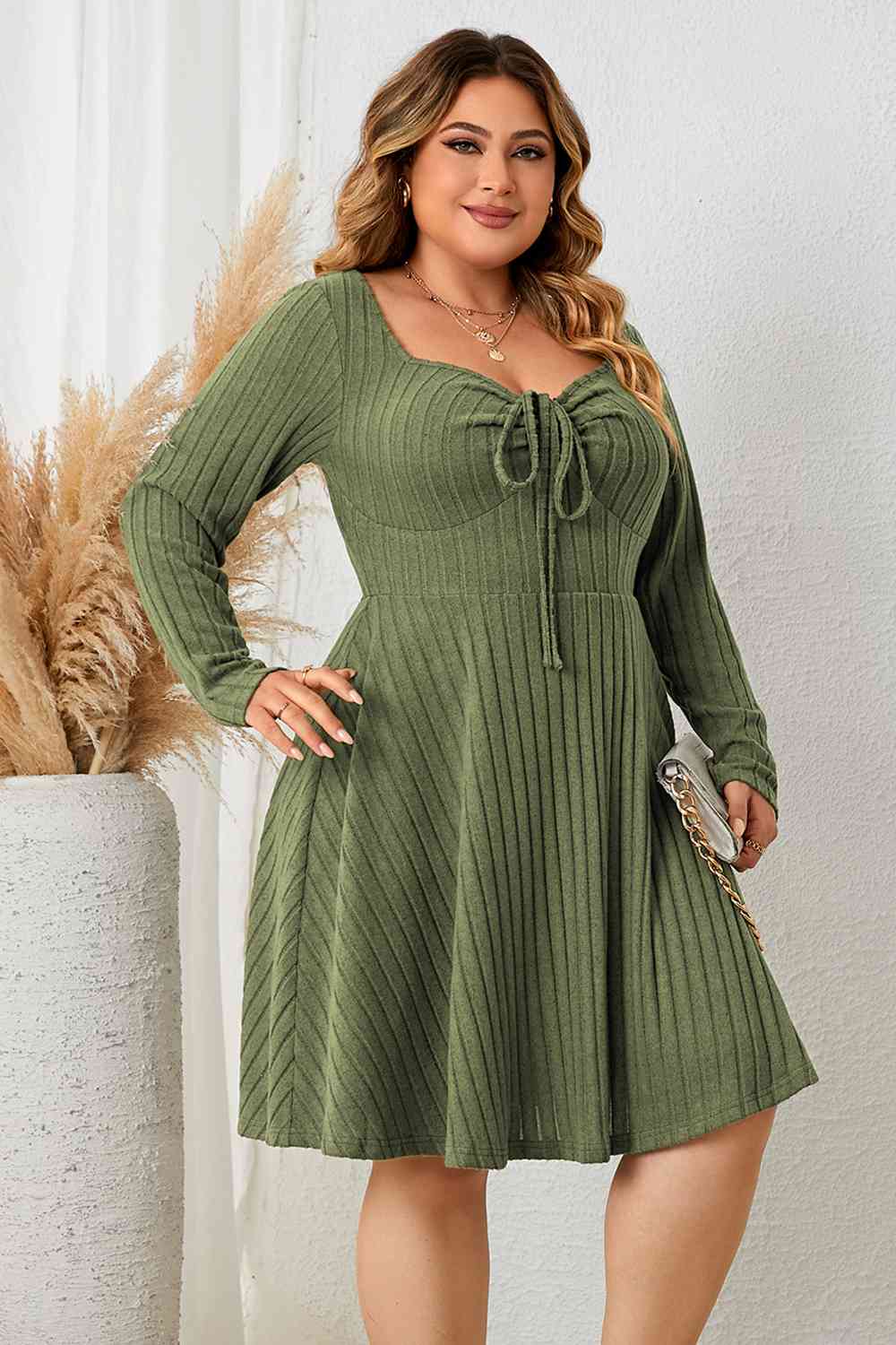 Heidi-Mode | Plus Size Herzausschnitt Langarm Rippkleid