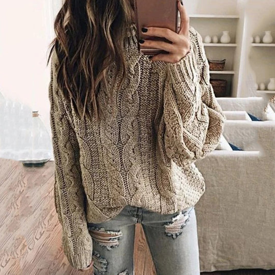 Damen lässiger Grobstrickpullover mit romantischem Zopfmuster Heidi-Mode
