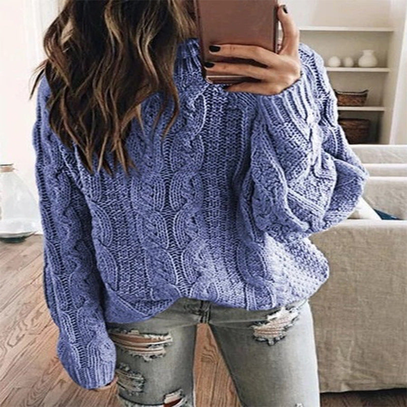 Damen lässiger Grobstrickpullover mit romantischem Zopfmuster Heidi-Mode