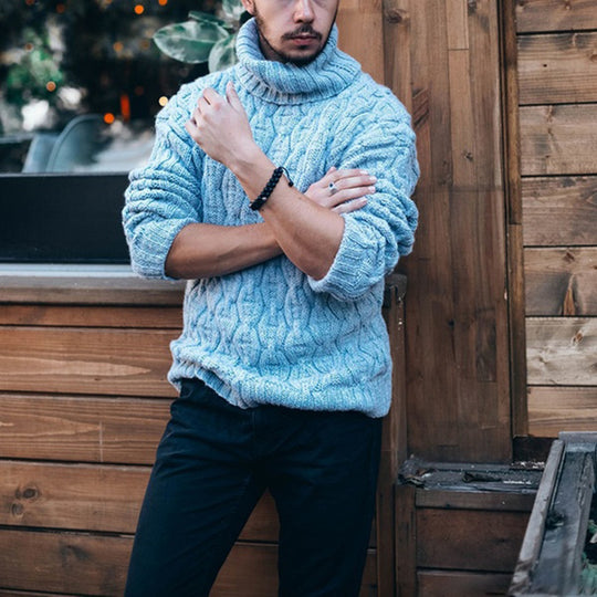 Herren Strickpullover mit hohem Kragen und strukturiertem Kabelmuster Heidi-Mode