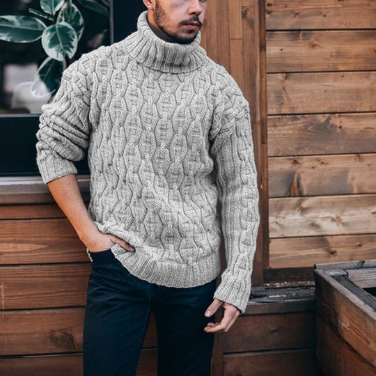 Herren Strickpullover mit hohem Kragen und strukturiertem Kabelmuster Heidi-Mode