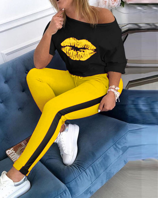 Damen Casual Grafik T-Shirt und Sport Leggings Set Heidi-Mode