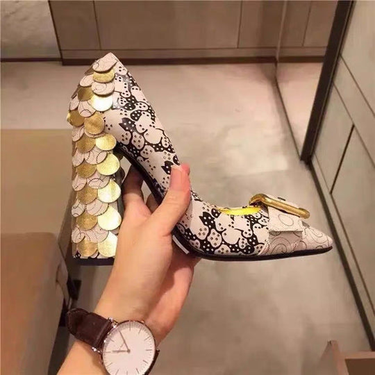 Heidi-Mode | Chunky Heel High Heels Große Größen Schuhe Gedruckt Fleischkreuz