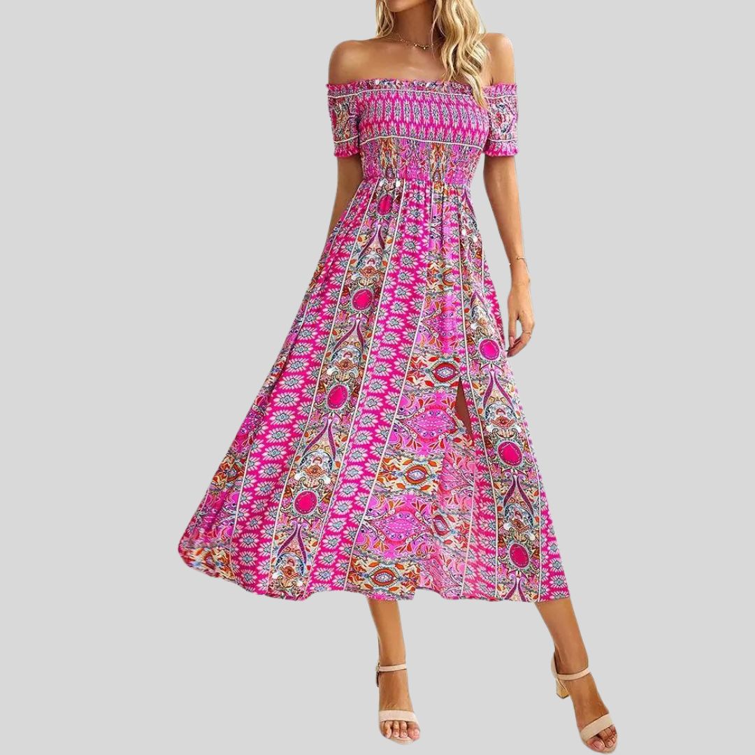 Langes Boho-Kleid mit freien Schultern und Rüschen