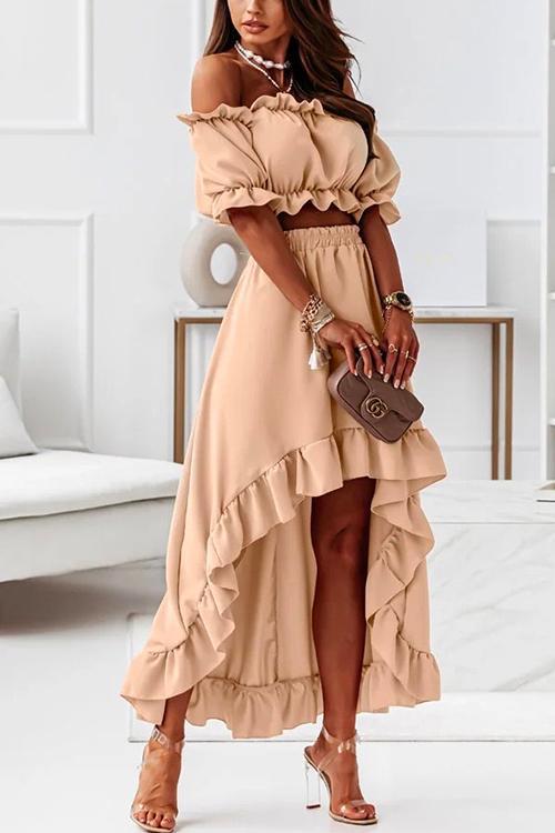 Heidi-Mode | Off Shoulder Crop Top Hohe Niedrige Kante Rock Volant Set